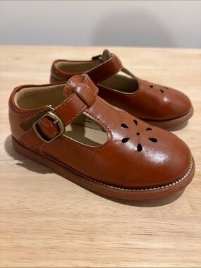 Girls Tan Leather T-Strap Dress Shoes with Floral Cutouts